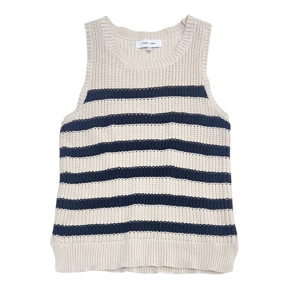 JOHN + JENN Sleeveless Sweater Beige Black Striped Knit Pullover Womens Medium